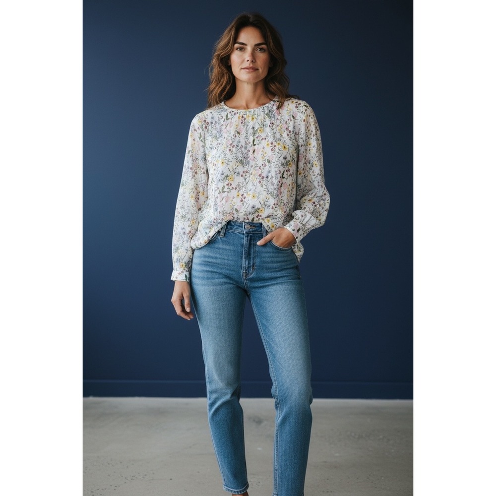 Kensie Jeans Womens Floral Long Sleeve Sheer Pleated Blouse White Size M EUC